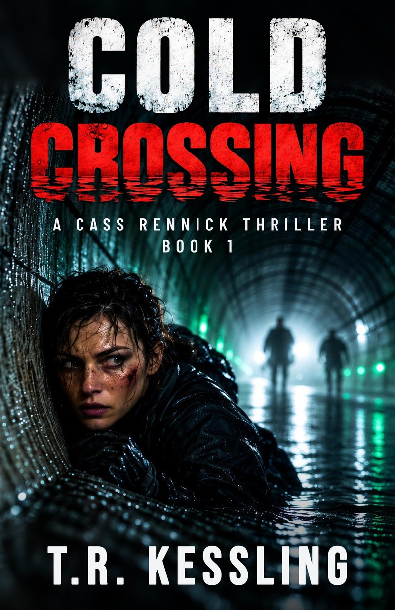 Cold Crossing cover: a woman in a flooded tunnel, two figures behind her